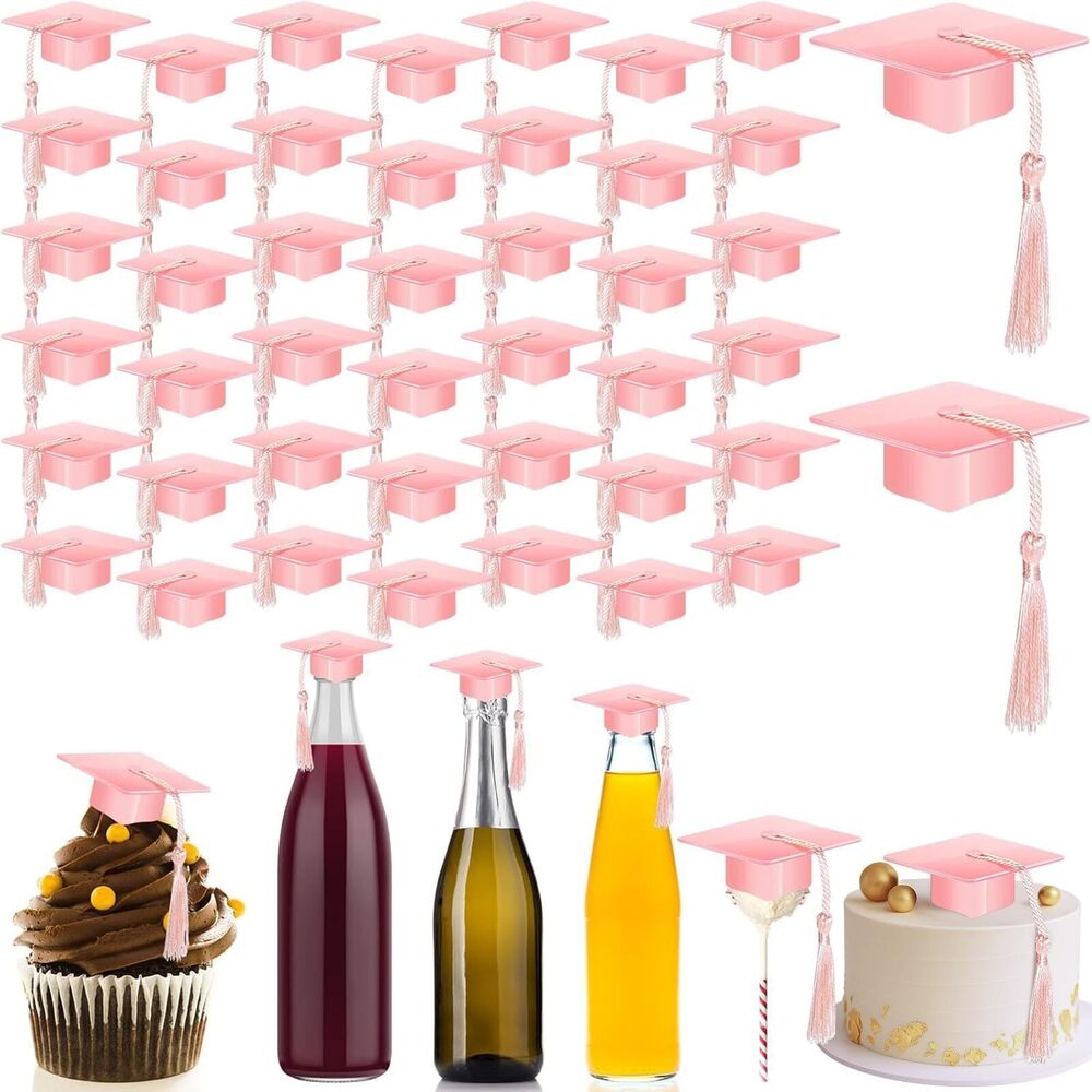 8381 60 Pieces Mini Graduation Cap Pink Hats with Pink Tassels Plastic Grad